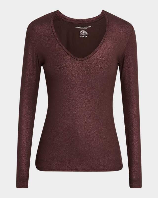 Metallic Long-Sleeve V-Neck Tee